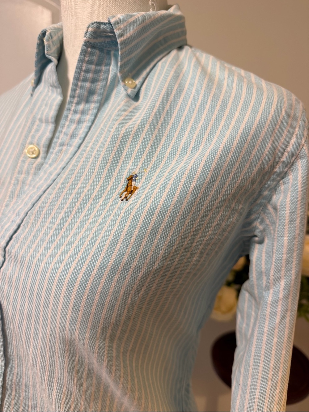 Ralph Lauren Light Blue and White Striped Button-Down Shirt Preppy Classy Pony